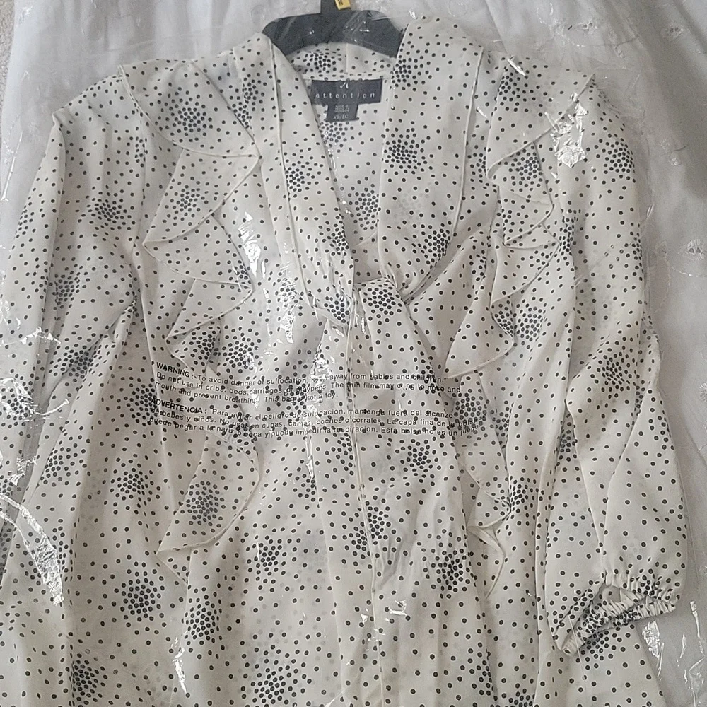 Attention black and cream polka dot bow tie blouse new with tags XS
